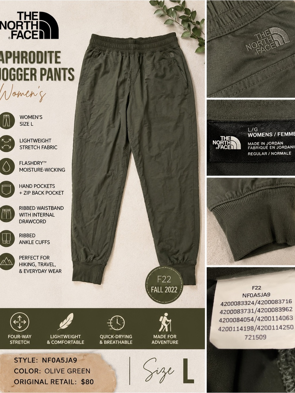 The North Face Women’s Aphrodite Jogger Pants Olive Green Large L F22
